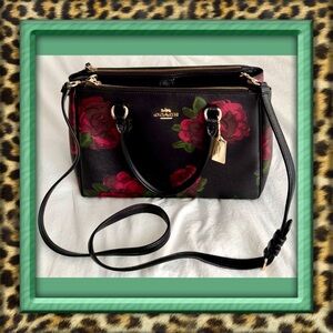 👑✅PRICE FIRM✅ COACH Black Leather Satchel with Beautiful Red Floral Print